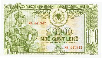 Pictured is one of the notes in the quiz, an Albanian 100 leke note from 1957.
